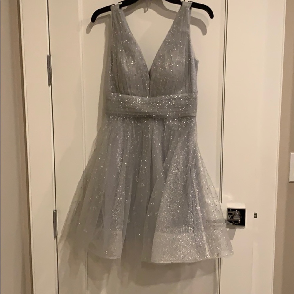 Marchesa Notte Silver Fit and Flare Dress